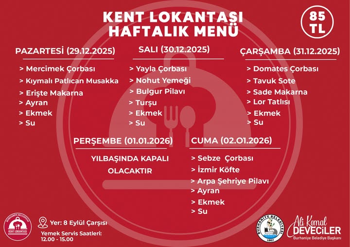 Burhaniye Belediyesi Kent Lokantası Yılbaşı Haftası Menüsü Açıklandı