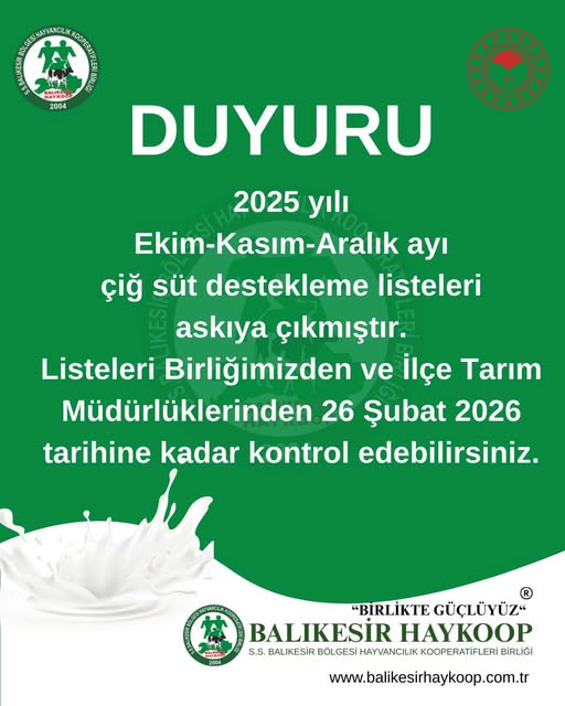 Balıkesir Haykoop Süt Fiyatları ve Üreticiye Ödemeler Güncel Durum