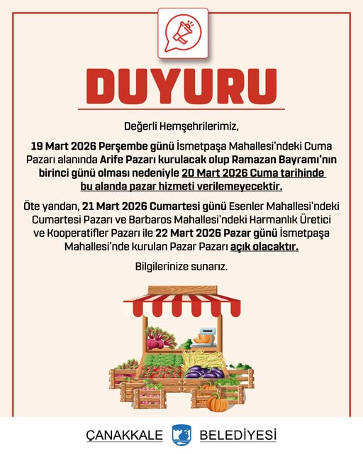 Çanakkale'de Arife ve Bayram Öncesi Pazar Takvimi Açıklandı
