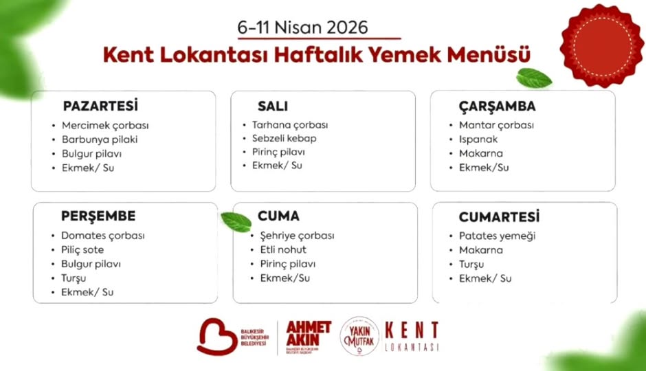Manyas Kent Lokantası Haftalık Menü ve Çalışma Saatleri Açıklandı