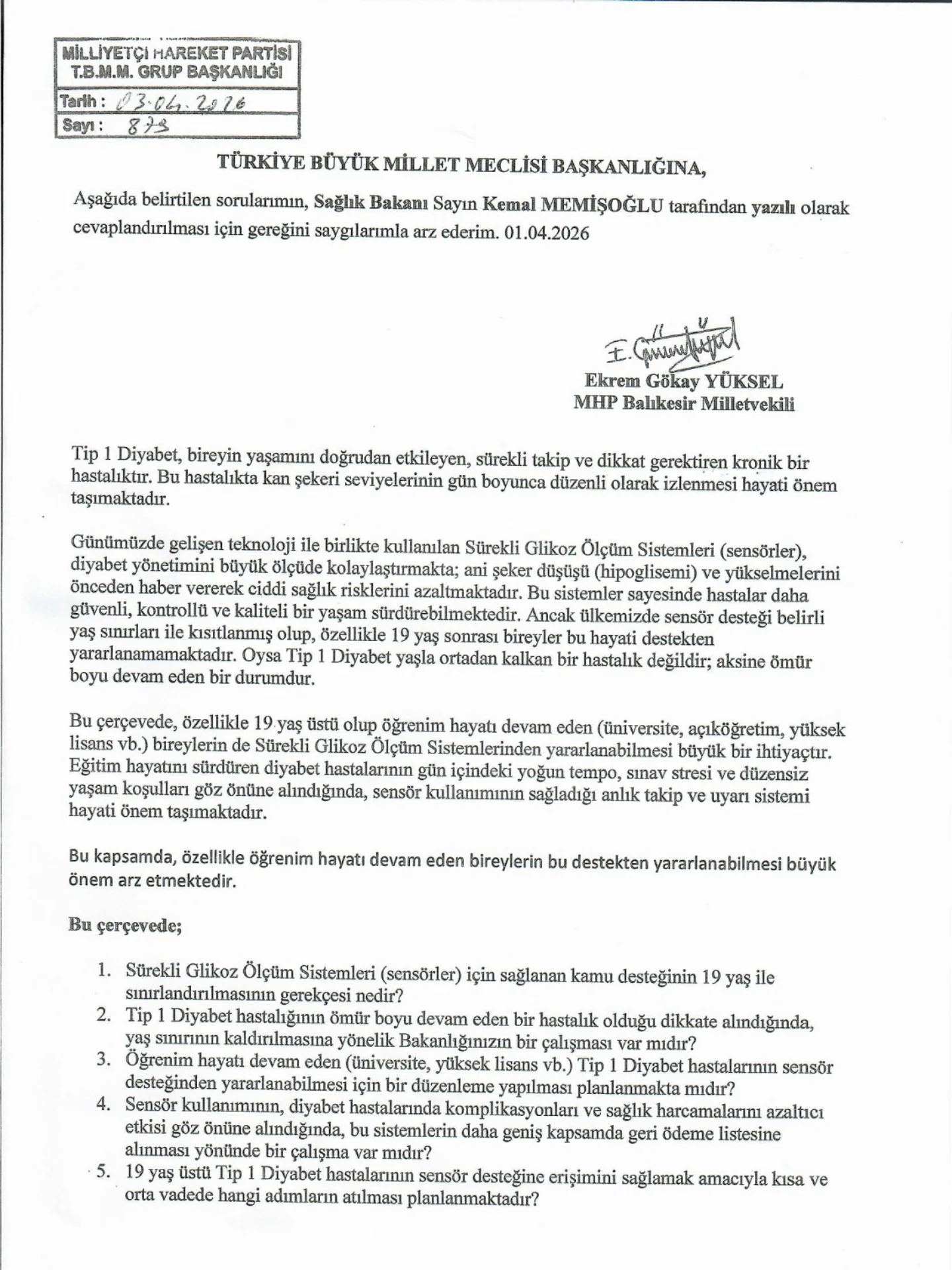 Tip 1 Diyabet Gençleri İçin SGÖS Yaş Sınırı TBMM Gündeminde