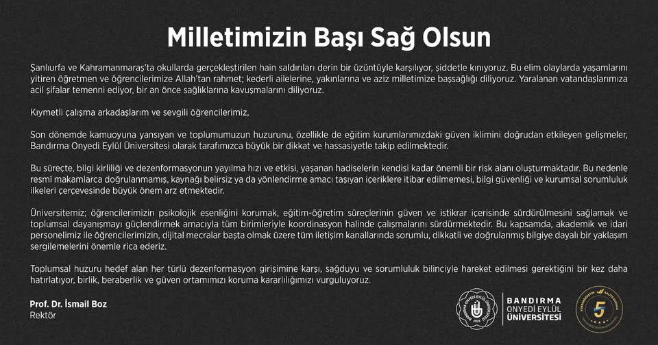 Bandırma Onyedi Eylül Üniversitesi'nden Saldırılara Tepki ve Uyarı