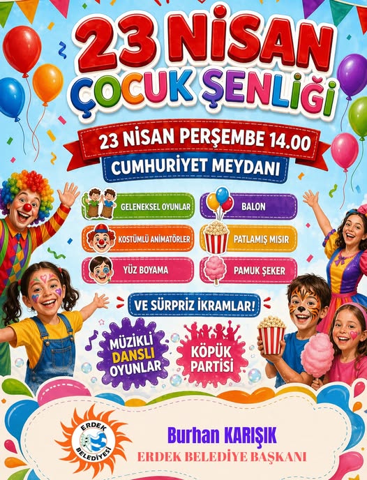 Erdek'te 23 Nisan Çocuk Şenliği: Cumhuriyet Meydanı'nda Etkinlik