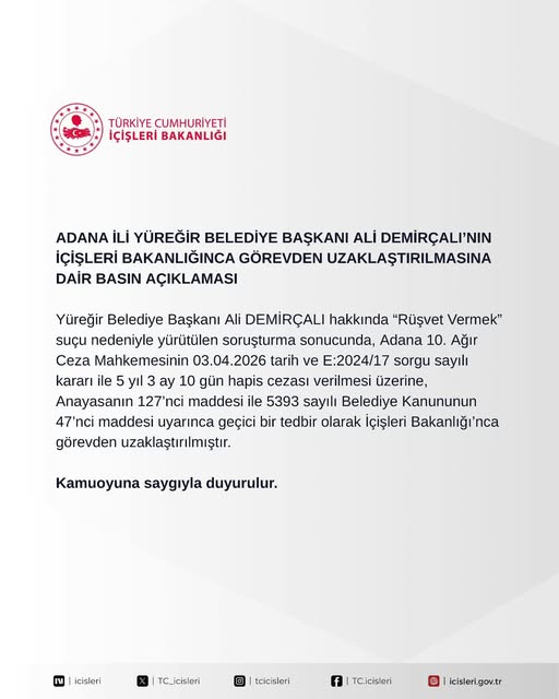 Adana Yüreğir Belediye Başkanı Ali Demirçalı Görevden Uzaklaştırıldı
