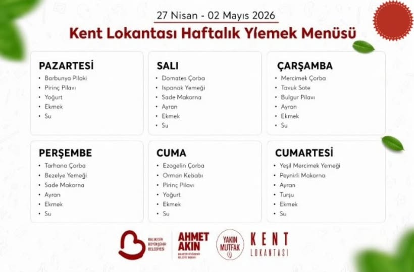 Manyas'ta Haftalık Yemek Menüsü: Kent Lokantası Hizmet Veriyor