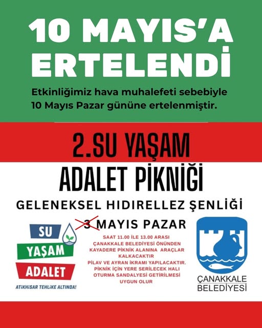 Çanakkale Belediyesi'nden Duyuru: Su Yaşam Adalet Pikniği Ertelendi