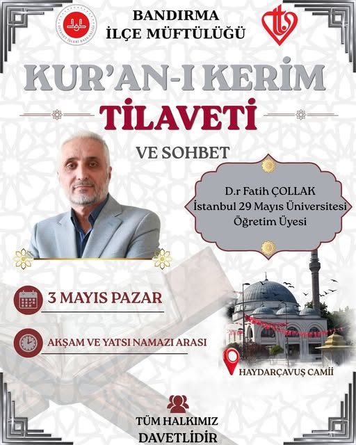 Bandırma'da Kur'an Tilaveti ve Sohbet Programı Düzenleniyor