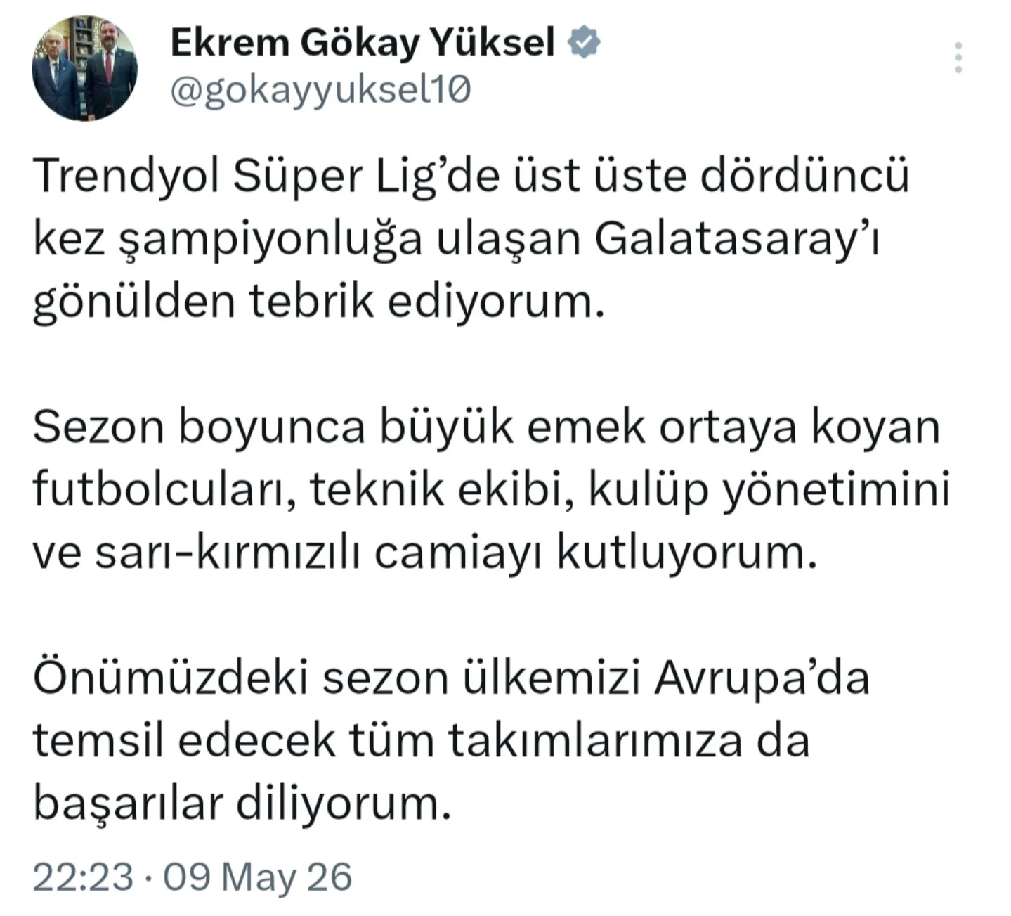 Galatasaray'ın 4. Şampiyonluğuna MHP'li Yüksel'den Tebrik