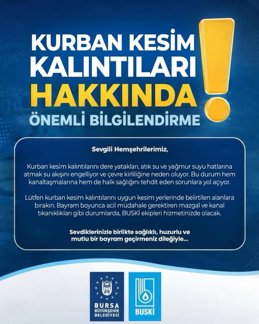 Bursa'da Kurban Bayramı Uyarısı: Kesim Kalıntıları Dere ve Kanalizasyona Atılmamalı
