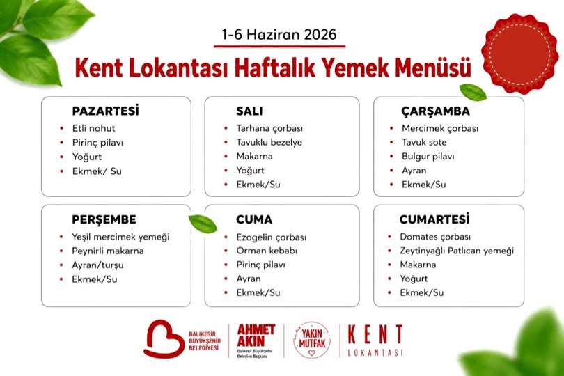 Manyas'ta Kent Lokantası Haftalık Menüsü: 75 TL'ye Sıcak Yemek