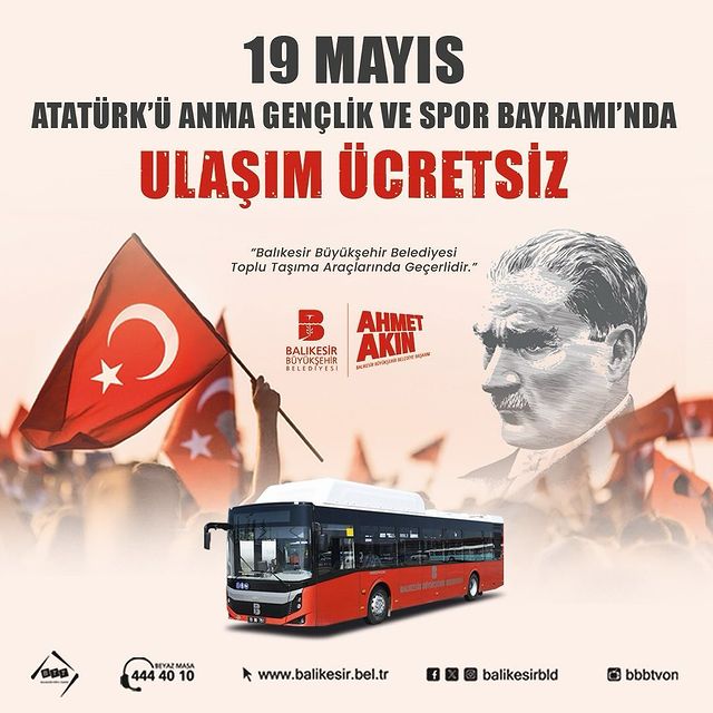 Balıkesir Toplu Taşıma A.Ş, 19 Mayıs Atatürk'ü Anma, Gençlik ve Spor Bayramı'nda Ücretsiz Hizmet Sunuyor