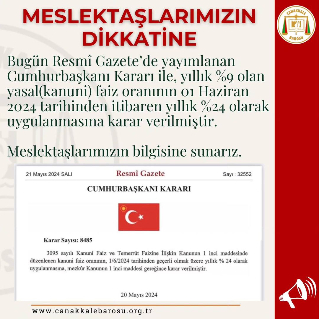 Cumhurbaşkanı Kararı ile Yasal Faiz Oranı Artırıldı