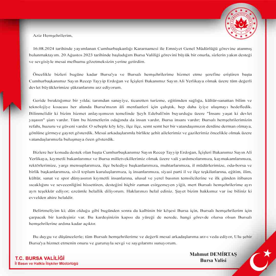 Yeni Emniyet Genel Müdürü Atandı: Bursa Valisi Görevine Veda Etti