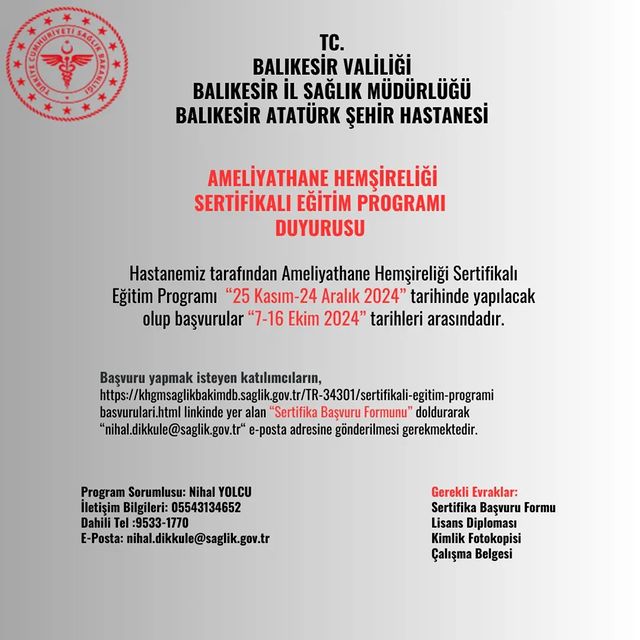 Balıkesir Atatürk Şehir Hastanesi Ameliyathane Hemşireliği Sertifikalı Eğitim Programı Düzenliyor