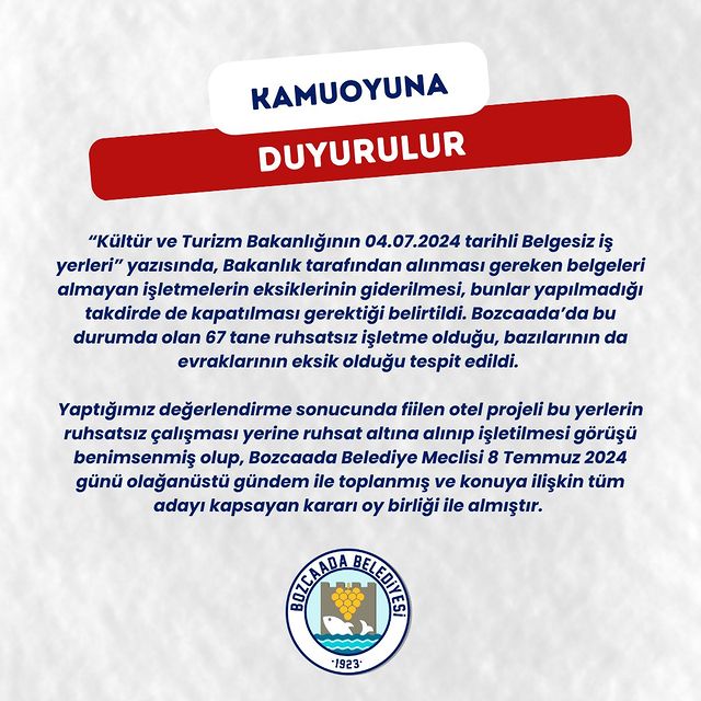 Bozcaada Belediyesi Ruhsatsız İşletmeler İçin Adımlar Attı