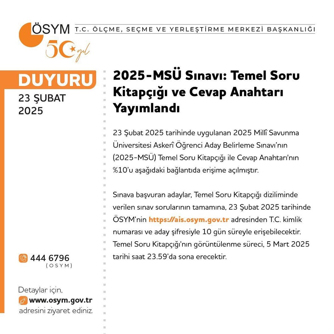 2025 MSÜ Sınavı Soru Kitapçığı ve Cevap Anahtarı Yayımlandı