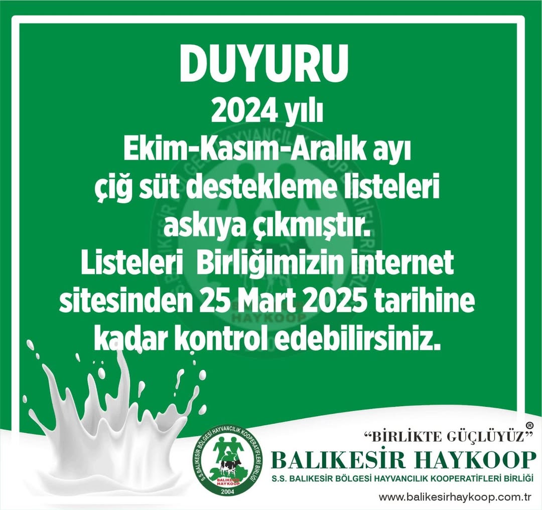 Balıkesir Haykoop Ekim-Aralık Süt Askı Listesi Sorgulaması Başladı