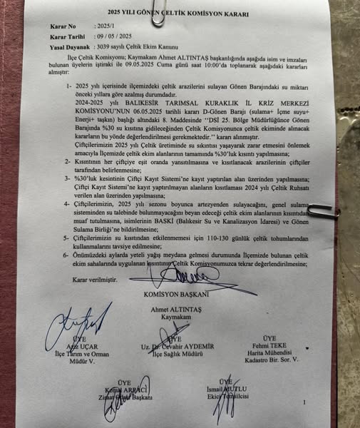 Gönen'de Kuraklık Önlemleri: Çeltik Ekim Alanlarında %30'luk Kısıtlama