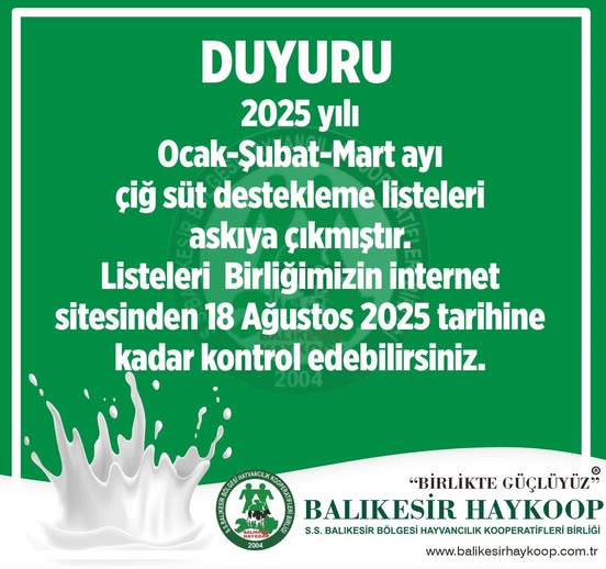 Balıkesir Haykoop Süt Askı Listesi Sorgulama İşlemi Başlatıldı