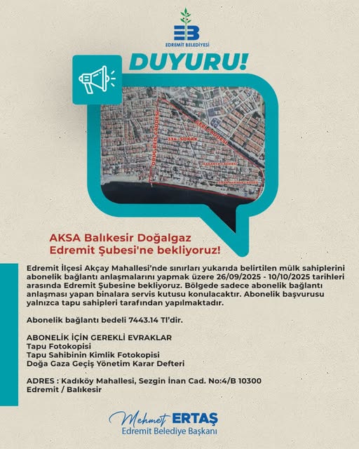 Edremit Belediyesi'nden Aksa Doğalgaz Abonelerine Önemli Uyarı