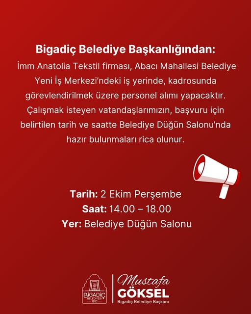 Bigadiç Belediyesi İş Merkezi'nde Personel Alımı Yapılacak